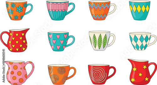 Colorful coffee cup and mug vector set with decorative patterns, cute ceramic drinkware collection for cafe, tea, breakfast, and kitchen design