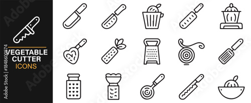 Modern linear vegetable cutting utensil icon collection
