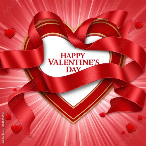 Happy Valentine's Day Heart with Red Ribbons, Romantic Love Background and Elegant Festive Design