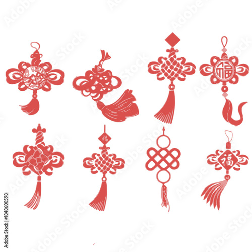Set of eight hand-drawn style red Chinese knots (Zhongguo Jie) and tassels with various auspicious symbols like "Fu" (Fortune) and decorative elements, perfect for holiday and cultural designs.