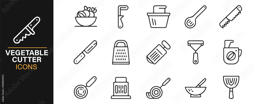 Fototapeta premium Food preparation and vegetable slicing tool icon set
