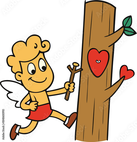 Funny Scene of Cupid Arrow Missing Target Stuck in Tree 30s Cartoon Vector
