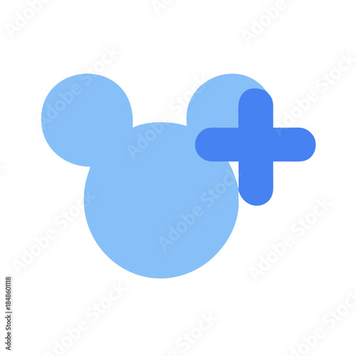 Abstract blue shapes of mouse ears and plus symbol on black background