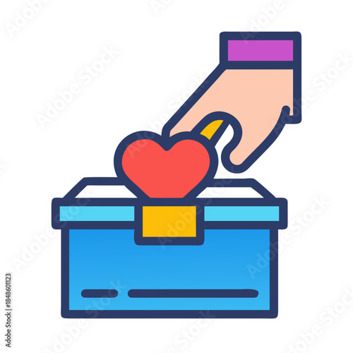 Charity and love hand putting heart into a donation box illustration