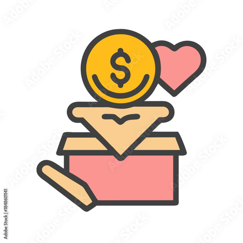 Donation box with a smiling dollar coin and a heart icon above