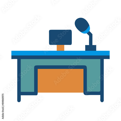 Illustration of a broadcast desk with computer and microphone on a black background