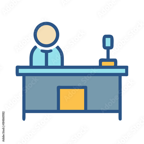 Receptionist at Desk Vector Icon with Telephone and Yellow Accent Block