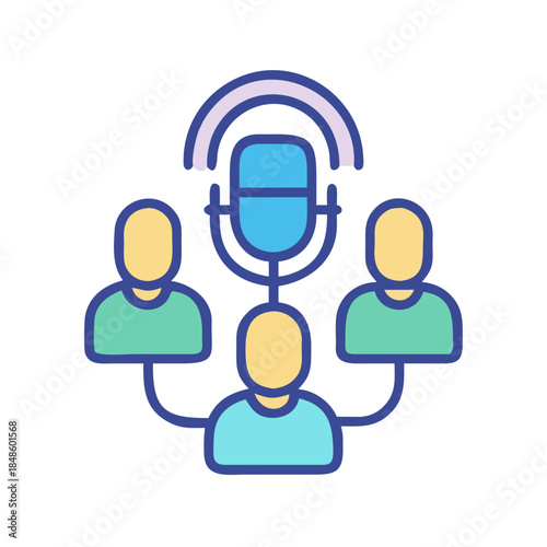 Podcast team meeting visual representing communication with microphone and diverse voices