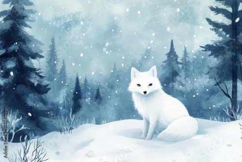 White arctic fox sits attentively in a snowy, dense forest landscape during snowfall
