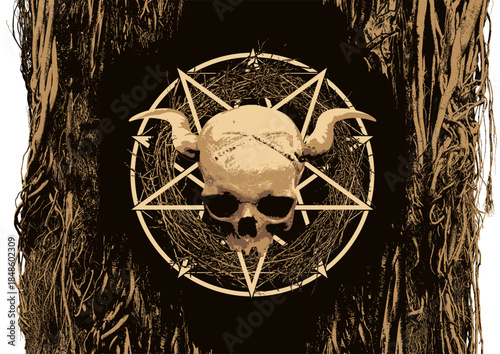 Vector illustration of a bloody human skull, horns, a pentagram, a circle, a tree, branches, and roots in a grunge style. Symbol of Satanism. Design for t-shirts, logos, and music covers. No AI.