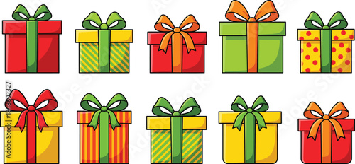 Colorful gift box vector set with ribbons and bows, festive present collection for celebrations, holidays, birthdays, Christmas, and surprise concepts