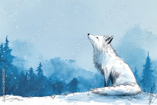 White arctic fox sits peacefully while looking skyward during a snowfall in a winter forest setting