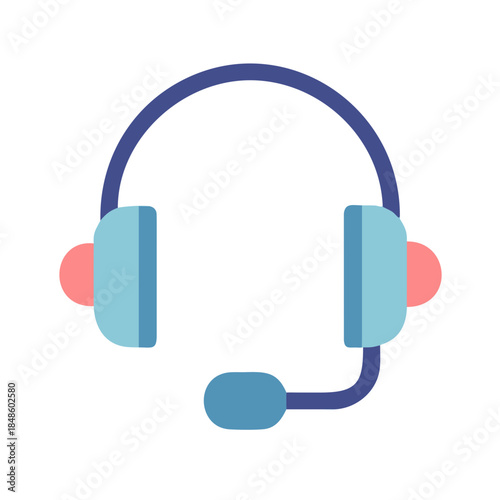 Flat design style illustration of a blue colored headset with microphone