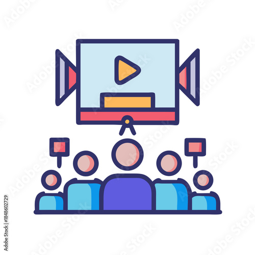 Audience Watching Video Presentation on Screen in Modern Flat Vector Style