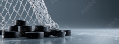 a collection of hockey pucks stacked on top of each other against a background that suggests an ice surface