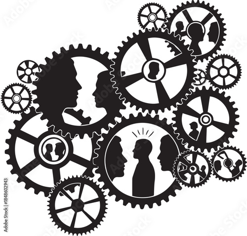 Human heads and profiles integrated into a complex gear system representing teamwork