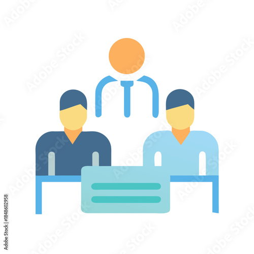 Three stylized figures meeting around a table, representing teamwork and leadership