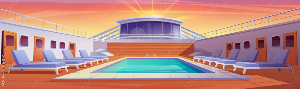 Fototapeta premium Sunrise on pool cruise deck with swimming pool