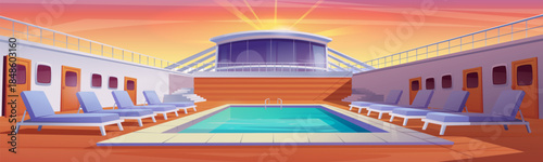 Sunrise on pool cruise deck with swimming pool