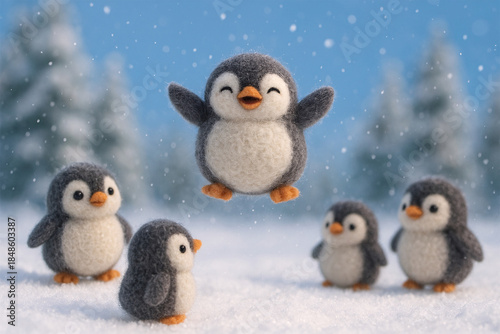 Happy cute fluffy penguins playing in winter snow. Little baby penguin jumping with joy among friends. Funny 3D cartoon animal illustration for Christmas or holiday design.