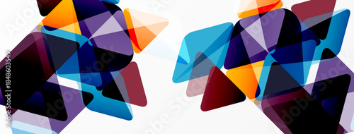 Abstract geometric shapes overlap, creating vibrant color gradients. Composition feels modern, dynamic, visually interesting.