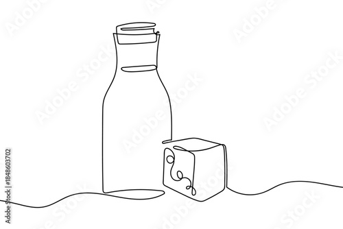 A single, continuous line depicts a glass milk bottle and a block of cheese. Single line art design Editable stroke.