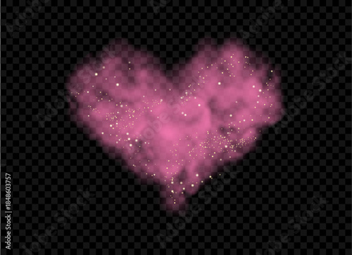 Pink cloud in heart shape vector illustration. Realistic smoke with stars and transparency