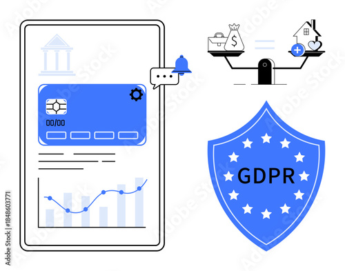 GDPR compliance. GDPR with data privacy symbols, financial security, and digital data management elements. GDPR helps safeguard sensitive information. For data protection, fintech, digital security