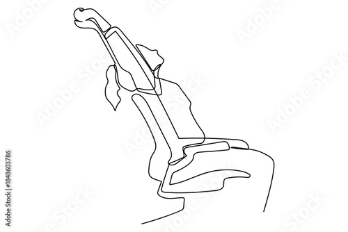 A single, continuous line depicts a woman sitting in a chair, stretching after hard work. Single line art design Editable stroke.