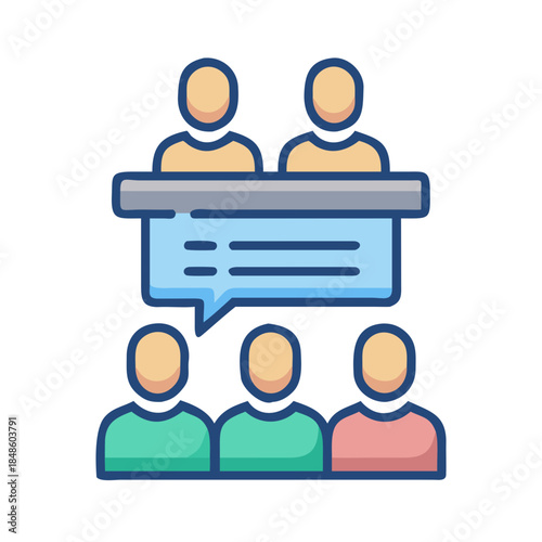 Business Meeting Icon Featuring Group of People and Speech Bubble in Blue Tones