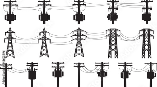 Black silhouette of electricity transmission towers and utility poles with transformers set, high voltage power lines, energy grid infrastructure vector illustration, industrial.