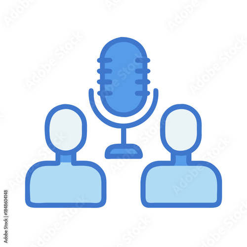 Podcast interview illustration with two figures and microphone on black background