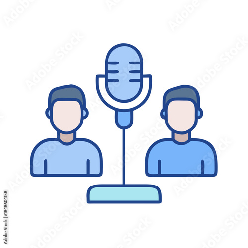 Podcast studio icon featuring a microphone and two individuals for communication concepts