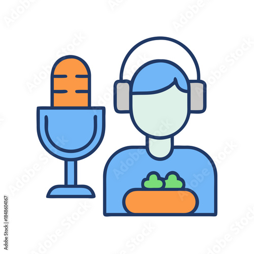 Podcast recording studio with presenter wearing headphones and broadcasting with a microphone