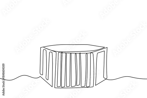 A single, continuous line depicts a playpen for young children. Single line art design Editable stroke.