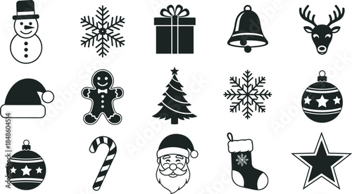 Set of Christmas icons black silhouette vector, festive holiday symbols with Santa Claus, snowman, reindeer, snowflake, gingerbread man, gift box, bells, winter ornaments.