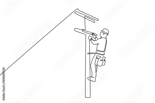A single, continuous line depicts an electrician performing electrical work on a utility pole. Single line art design Editable stroke.