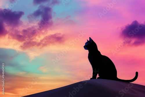A vibrant feline silhouette, adorned in a spectrum of colors, stands majestically atop a dune, silhouetted against a breathtaking rainbow-hued cloud formation.