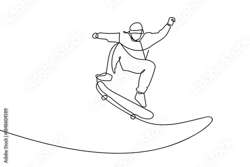 A single, continuous line depicts a man performing a graceful skateboarding jump. Single line art design Editable stroke.