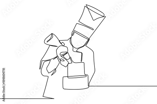 A single, continuous line depicts a chef making a cake. Single line art design Editable stroke.