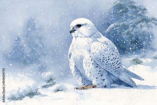 Majestic white raptor perched upon snowy ground during a winter snowfall