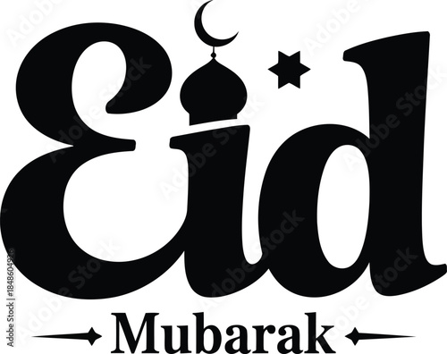 Bold black Eid Mubarak lettering featuring an Islamic mosque and separate crescent moon and decorative star