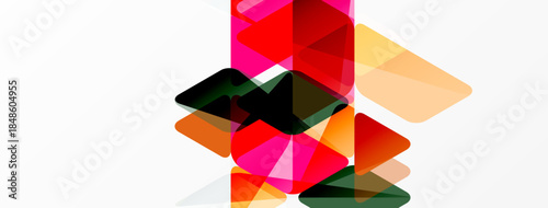 Abstract geometric shapes overlap. Vivid colors create dynamic composition. Minimalist design, modern aesthetic, bright hues dominate.