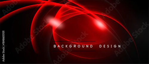 Abstract red lines create dynamic flow. Dark background emphasizes bright curves, modern design elements present.
