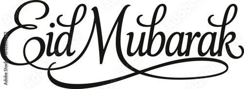 Elegant black Eid Mubarak script lettering on a clean white background for holiday greetings