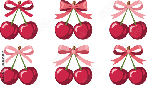 Multiple vibrant red cherry pairs with cute pink bows creating a cheerful sweet fruit pattern
