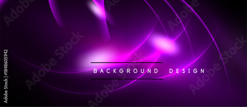 Abstract purple waves, glowing lines create dynamic background. Modern design with dark space, bright center focus.