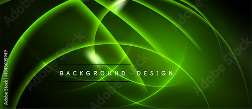 Abstract green lines create dynamic curves. Dark background emphasizes bright neon glow, modern design element.