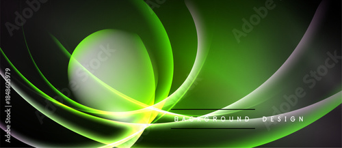 Abstract green design. Smooth curves create dynamic flow. Dark background emphasizes bright, glowing shapes. Modern aesthetic.