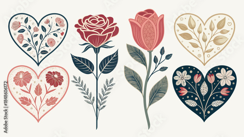 Vibrant floral hearts and roses in elegant illustration